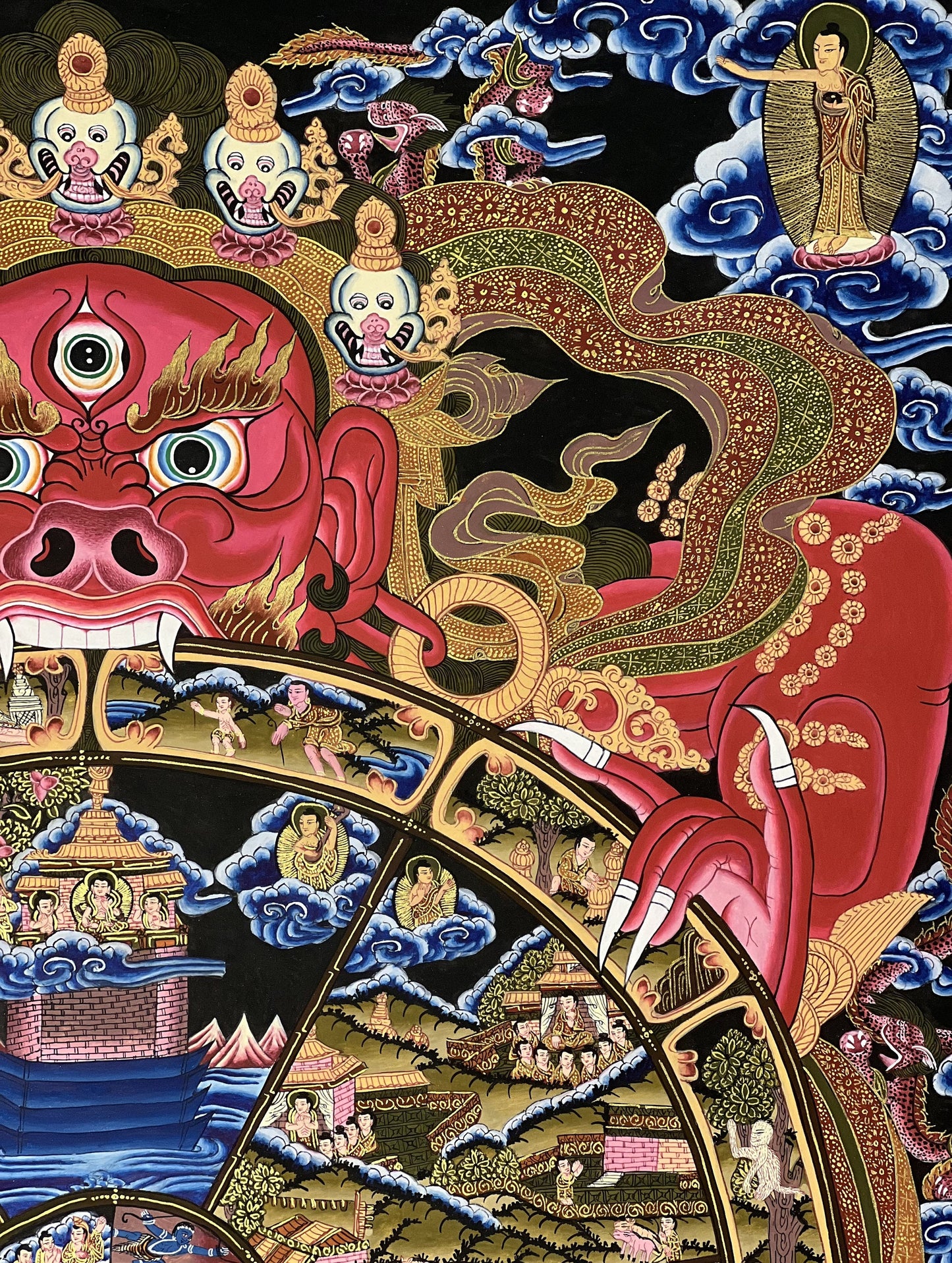 Large Bhavachakra Wheel of Life Thangka | Hand-Painted Tibetan Samsara Mandala Art