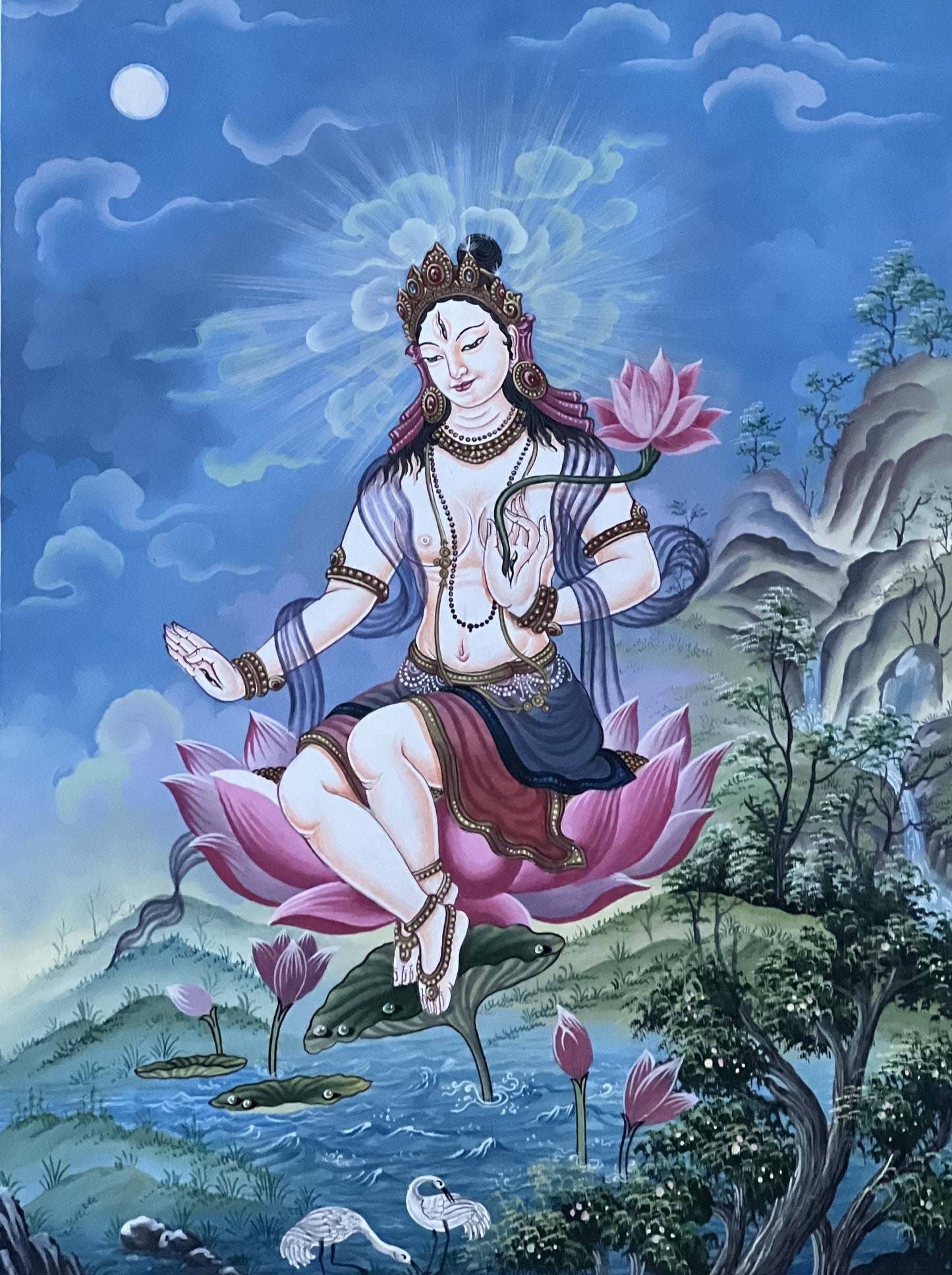 White Tara Thangka Painting: Original Newari Paubha, Meditation Art