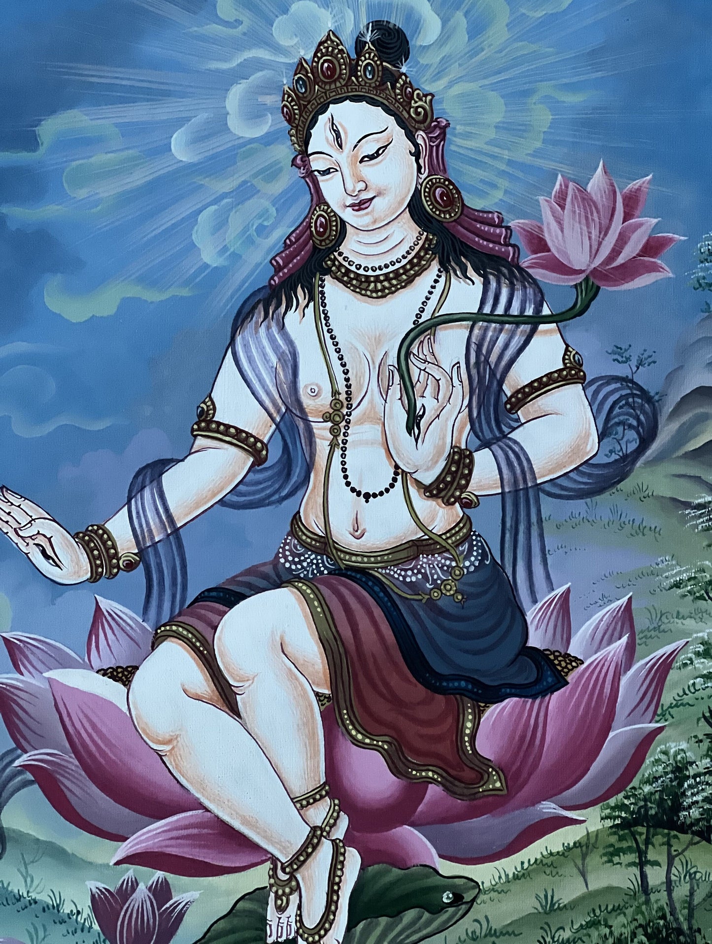 White Tara Thangka Painting: Original Newari Paubha, Meditation Art