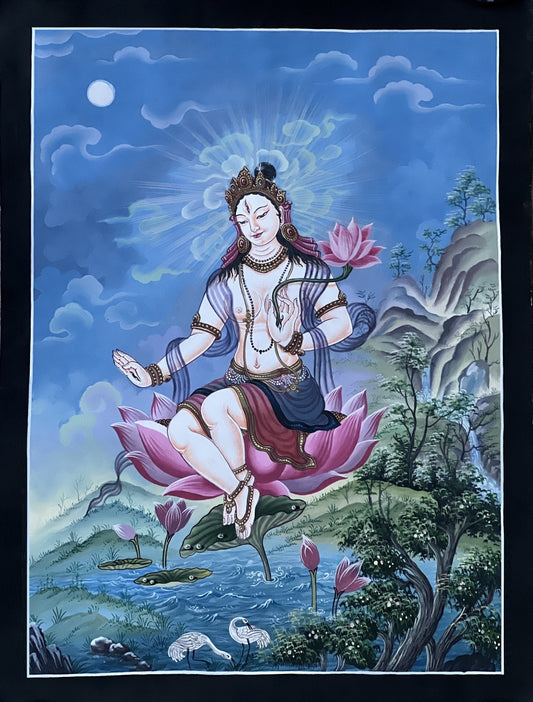 White Tara Thangka Painting: Original Newari Paubha, Meditation Art
