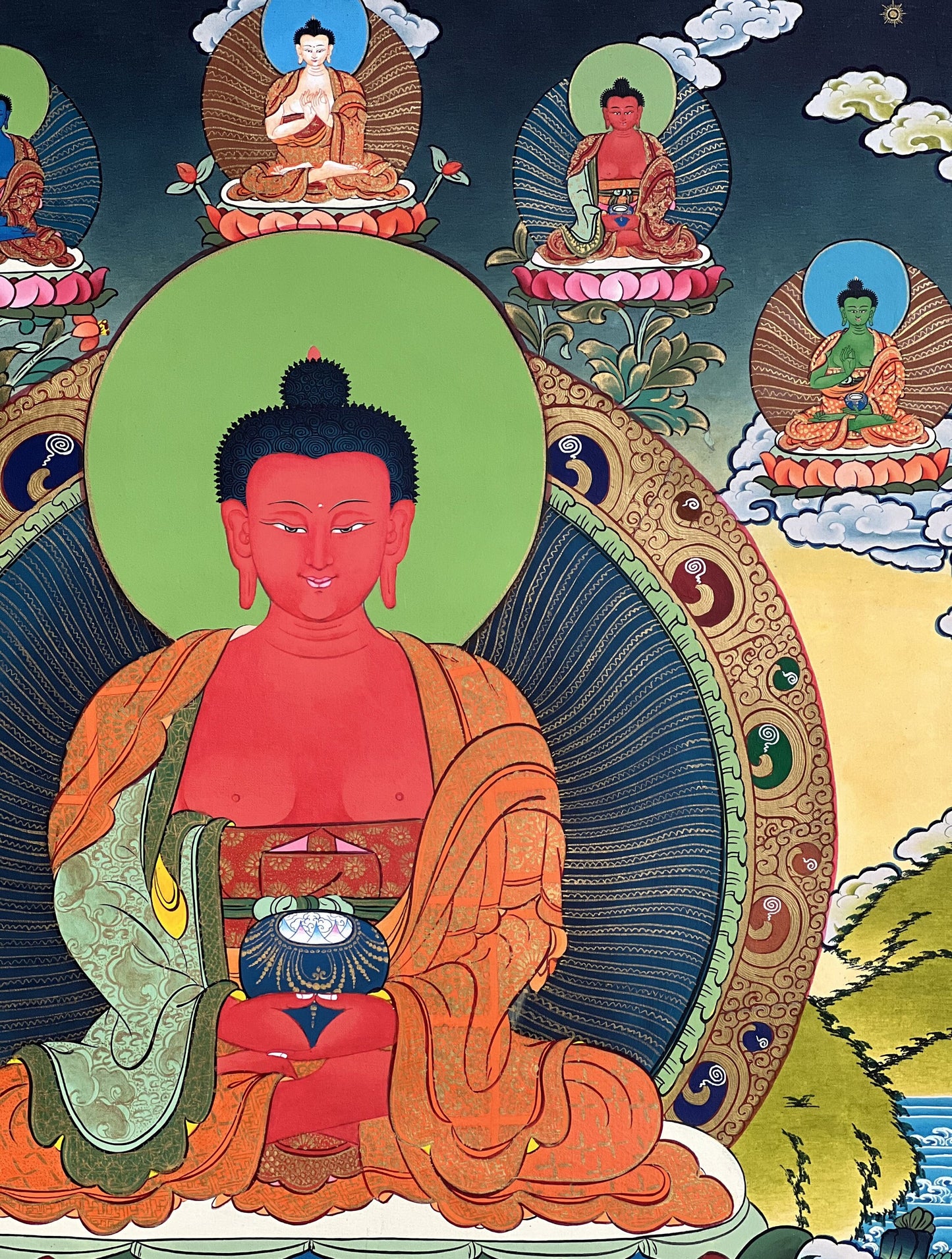 24K Gold Amitabha Buddha Thangka Painting: Five Wisdom Buddhas