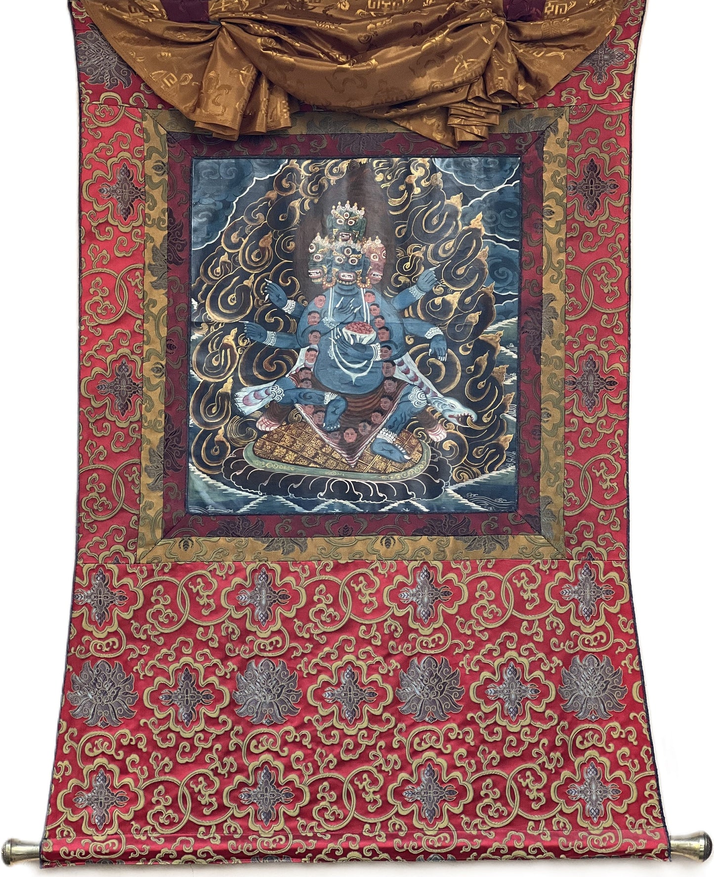 Hand-Painted Bhairava Thanka Painting, Newari Art with Silk Brocade