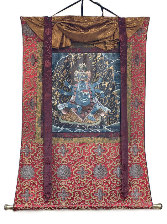 Hand-Painted Bhairava Thanka Painting, Newari Art with Silk Brocade