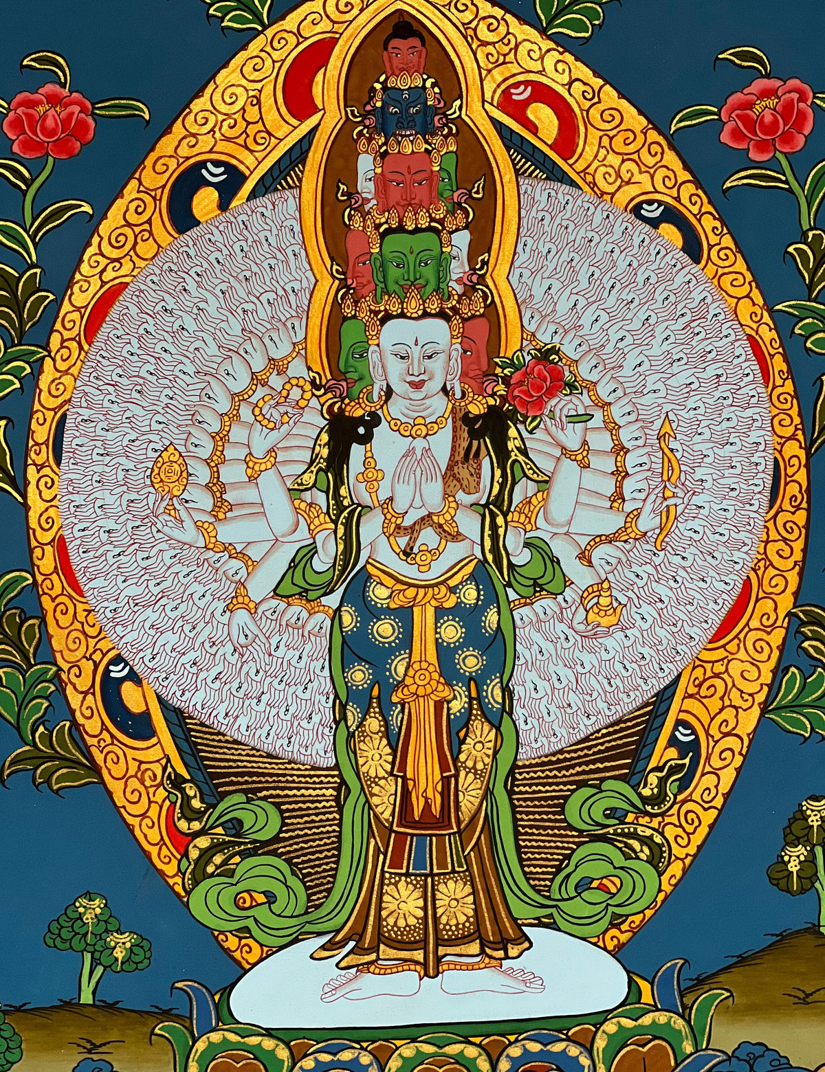 1000 Armed Avalokiteshvara Thangka with Silk Brocade | Sahasrabhuja Chenrezig Buddhist Compassion Art | Hand Painted Nepal
