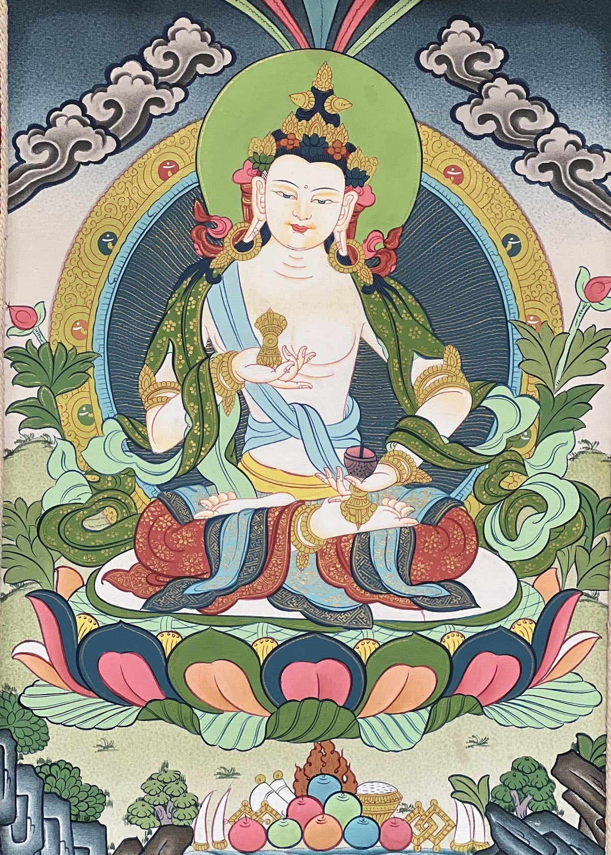 Vajrasattva Thangka Painting: Original Buddhist Art with Silk Brocade