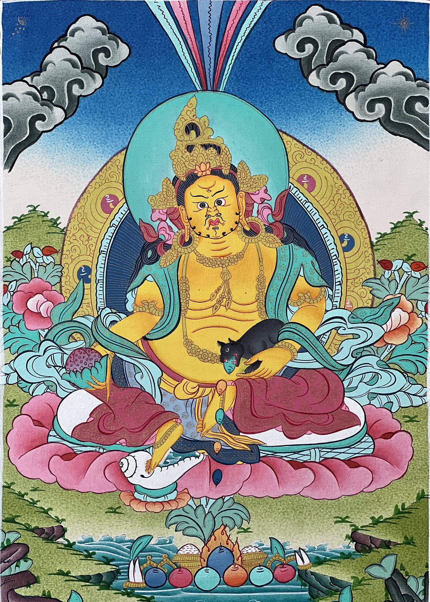 Hand Painted Jambhala Thangka: God of Wealth Painting