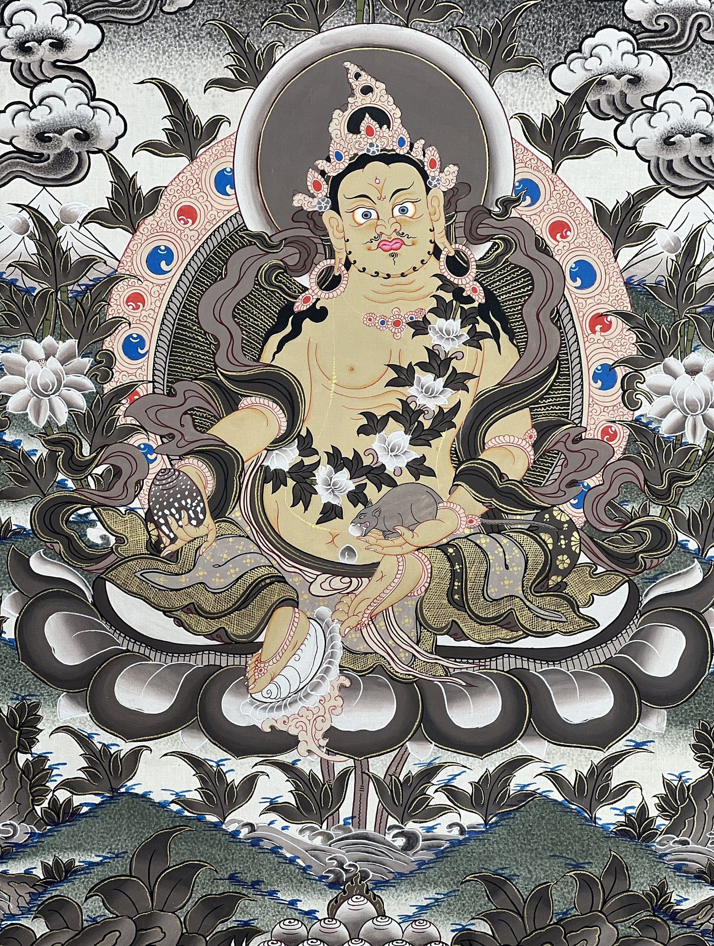 Hand-Painted Yellow Dzambhala Thangka: Tibetan God of Wealth, 18x22 Inches