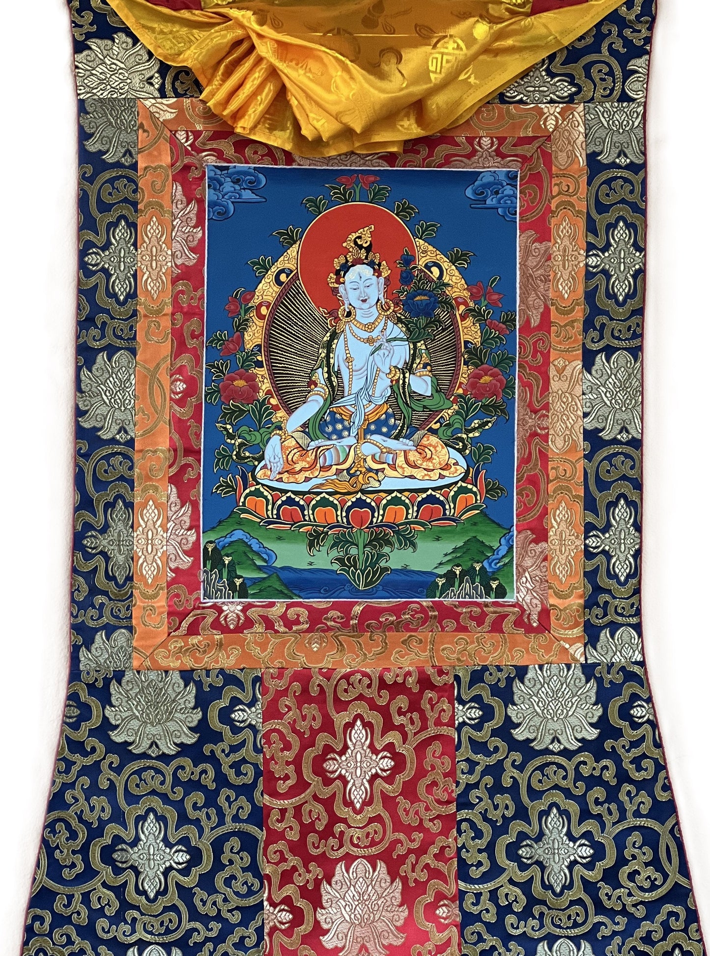 Hand-Painted White Tara Thangka Painting with Silk Brocade