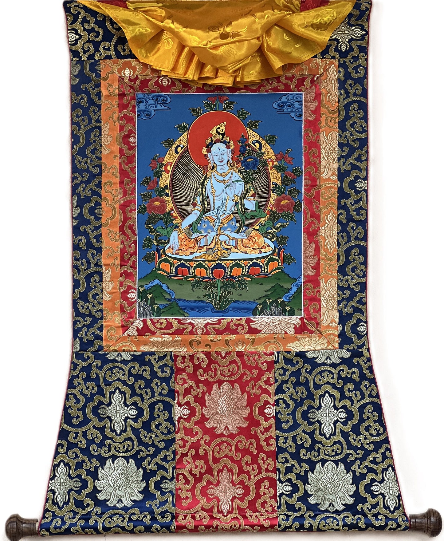 Hand-Painted White Tara Thangka Painting with Silk Brocade