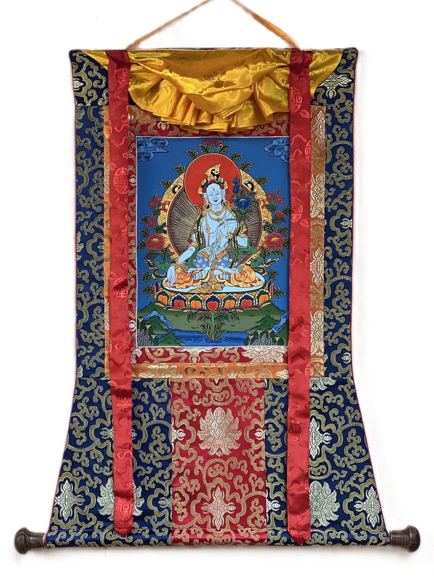 Hand-Painted White Tara Thangka Painting with Silk Brocade