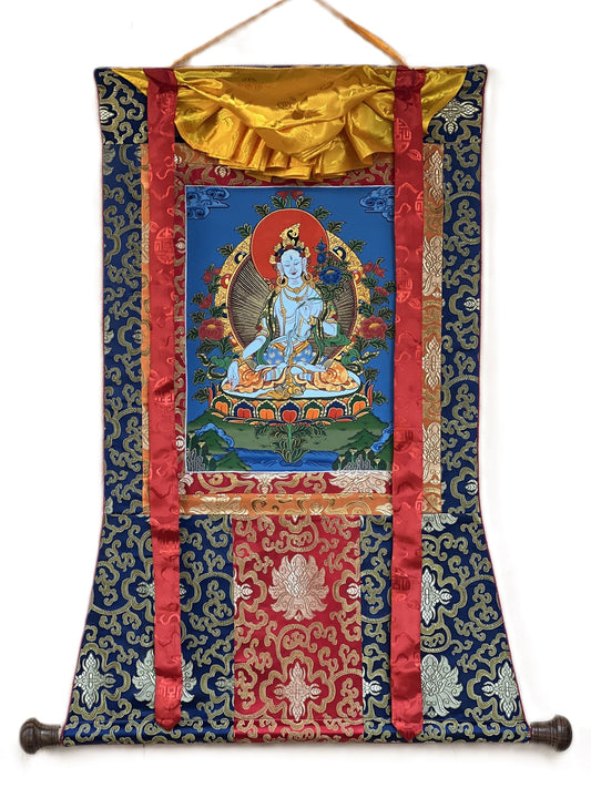Hand-Painted White Tara Thangka Painting with Silk Brocade