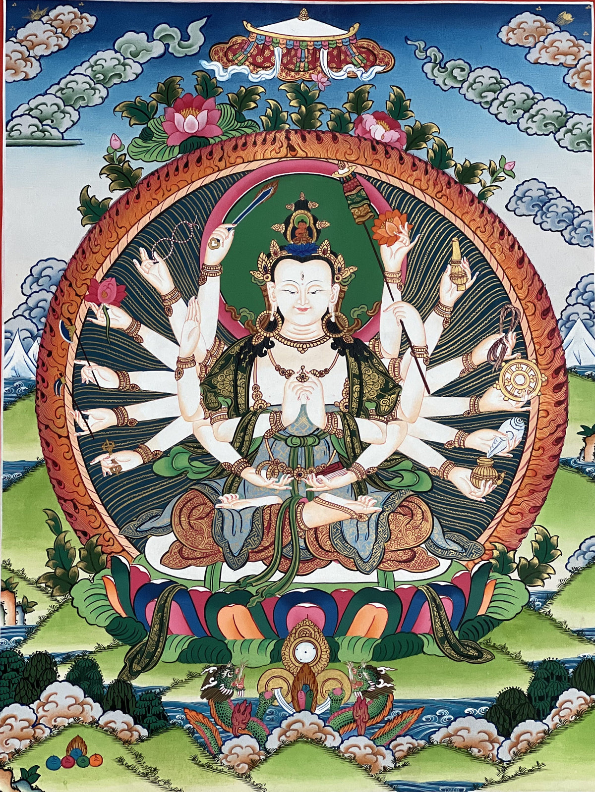 18-Armed Chandi Thangka Painting, Tibetan Mother Goddess Art