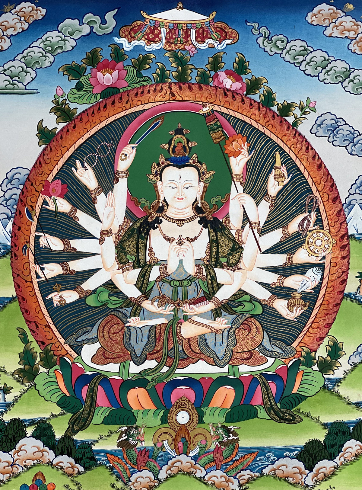 18-Armed Chandi Thangka Painting, Tibetan Mother Goddess Art