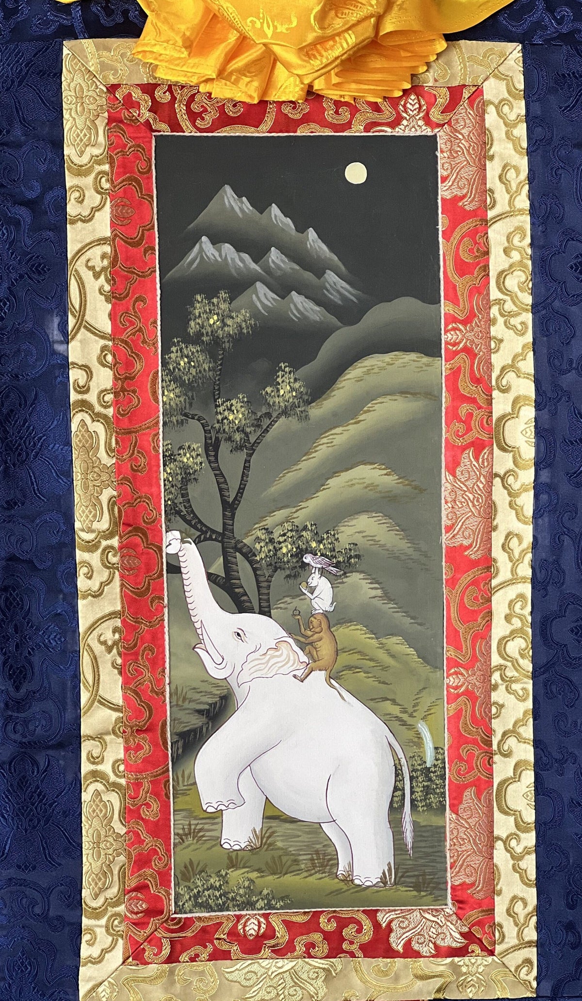 Four Harmonious Friends Thangka Painting, Newari Paubha Art with Silk Frame