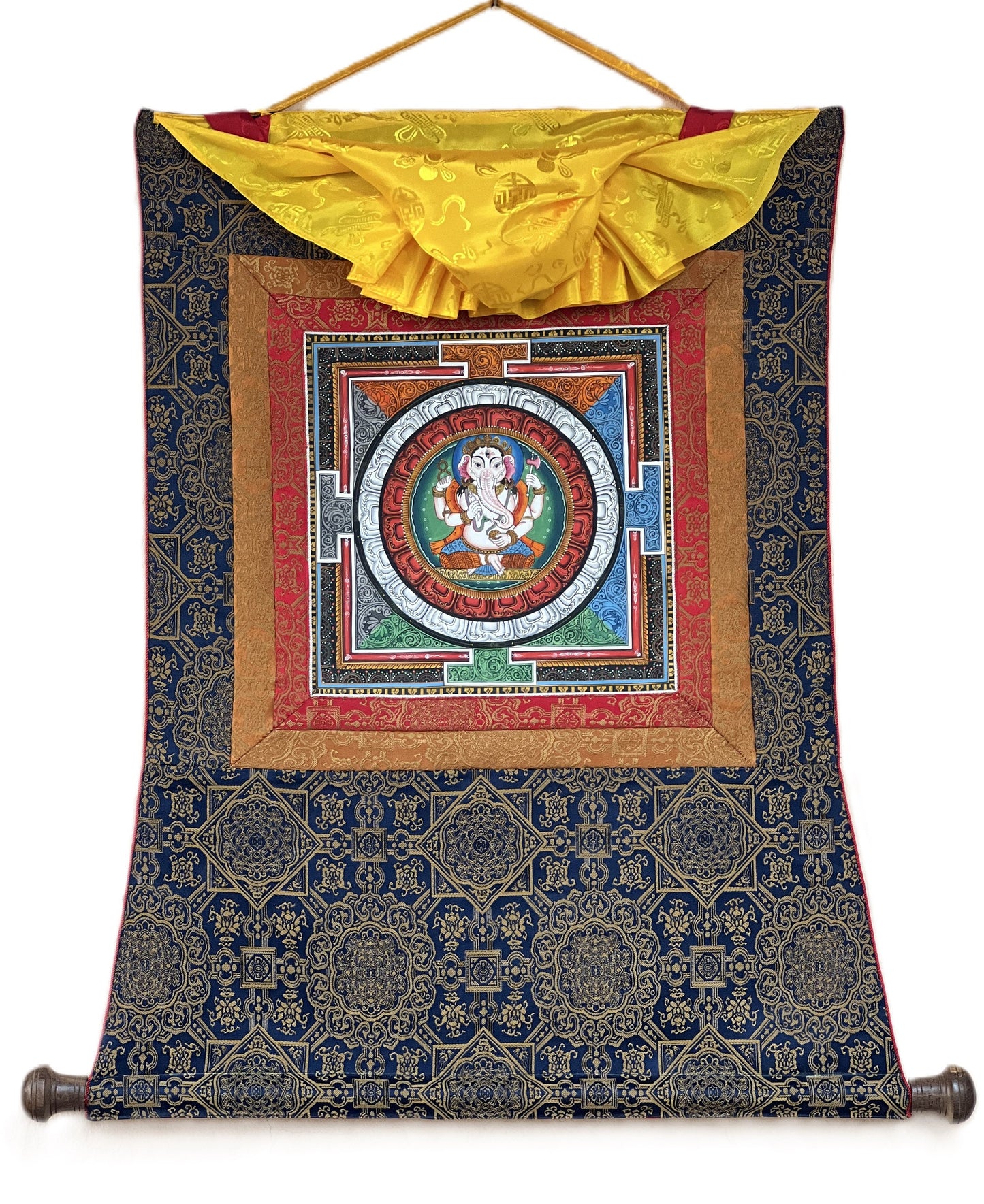 Hand-painted Lord Ganesha Thangka Painting on Silk Brocade