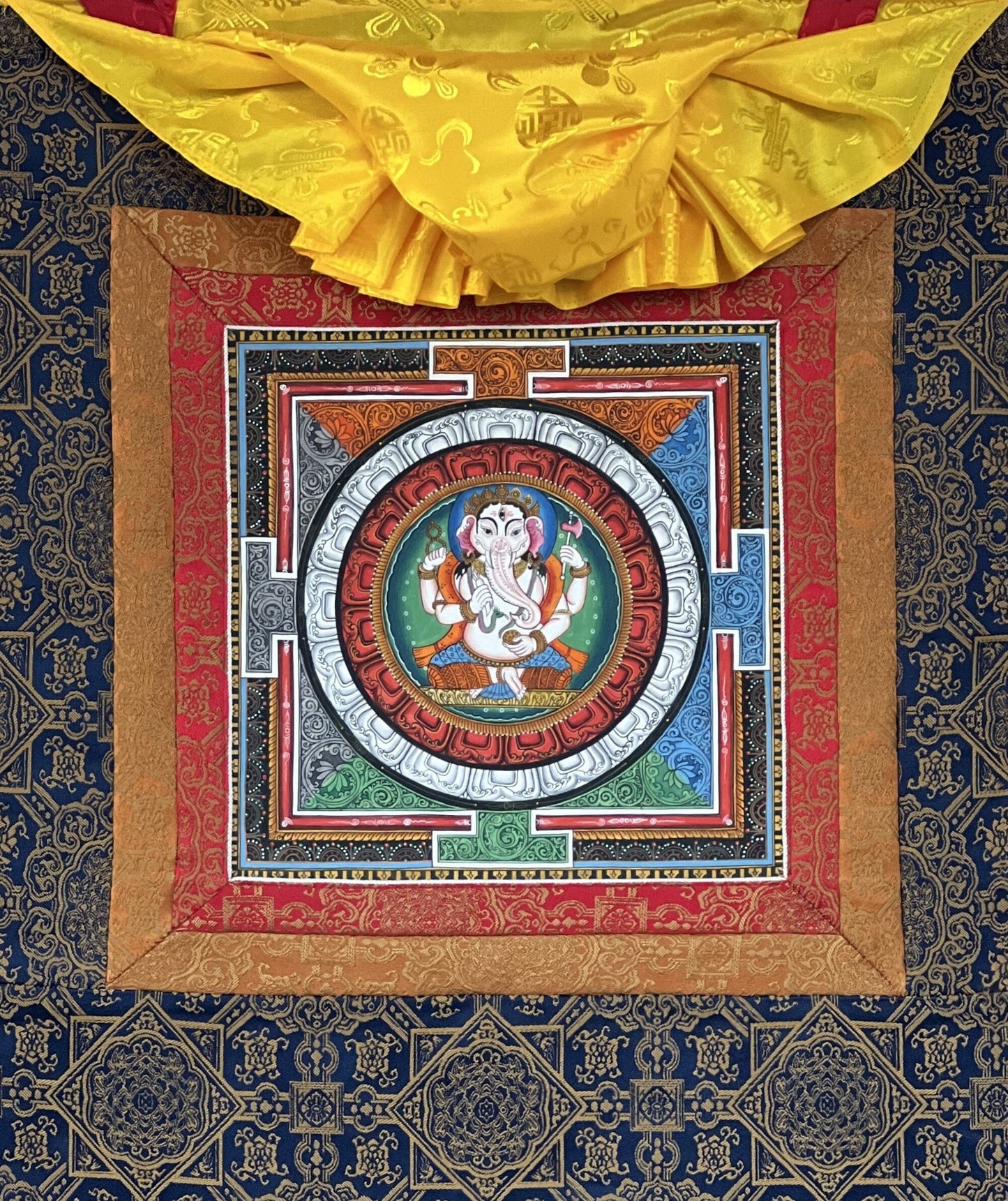 Hand-painted Lord Ganesha Thangka Painting on Silk Brocade