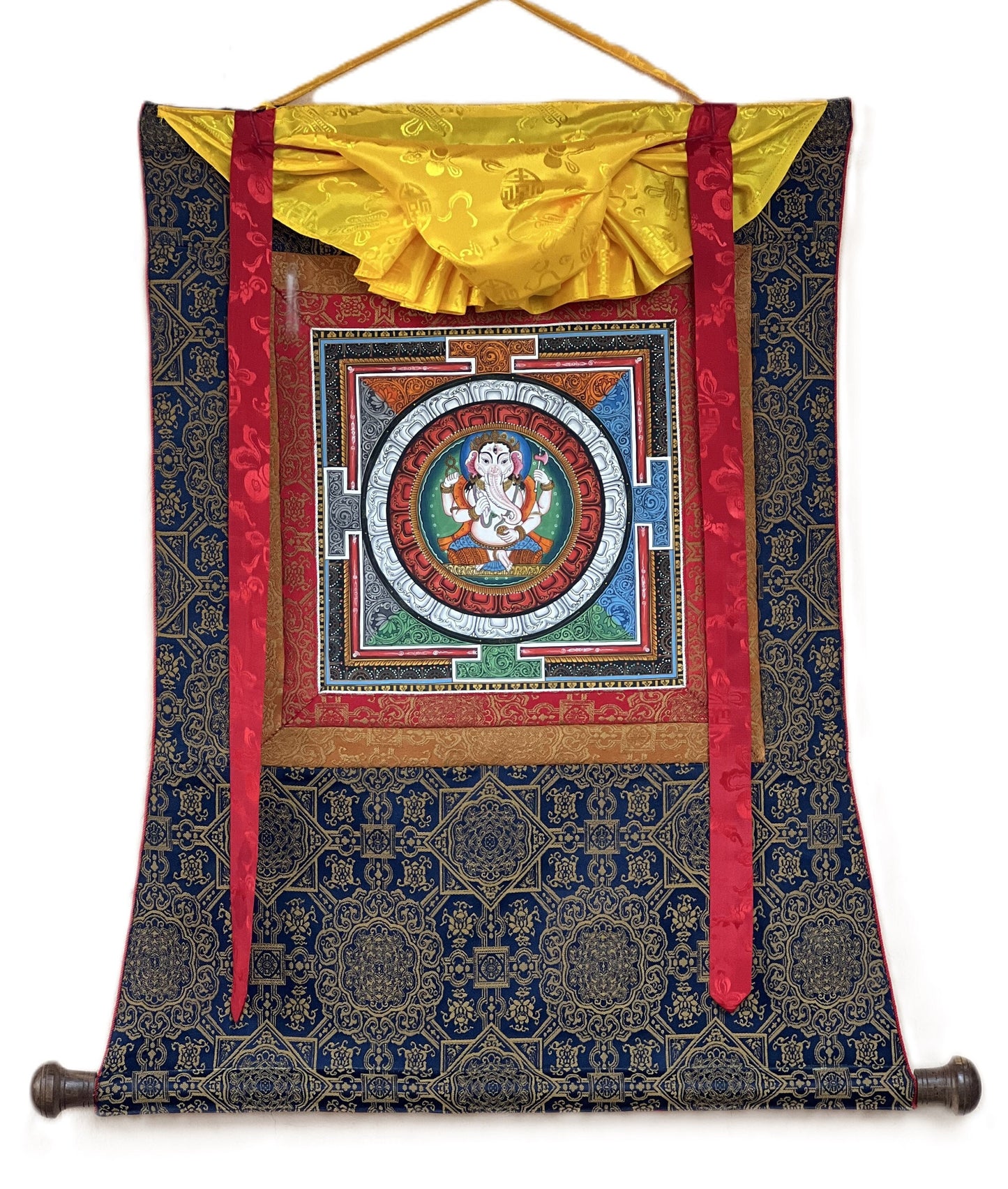 Hand-painted Lord Ganesha Thangka Painting on Silk Brocade