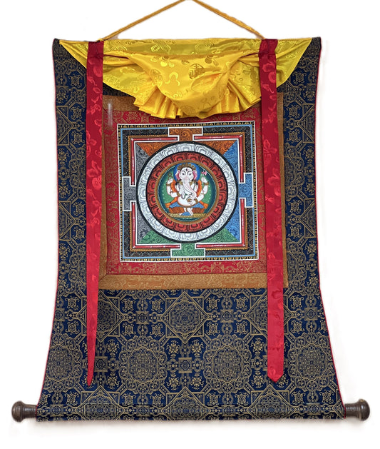 Hand-painted Lord Ganesha Thangka Painting on Silk Brocade