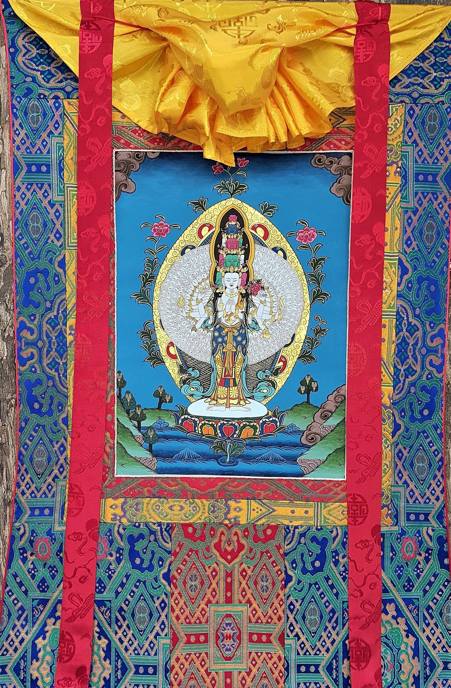 Hand-Painted Sahastrabhuja Avalokiteshvara Thangka, Silk Framed