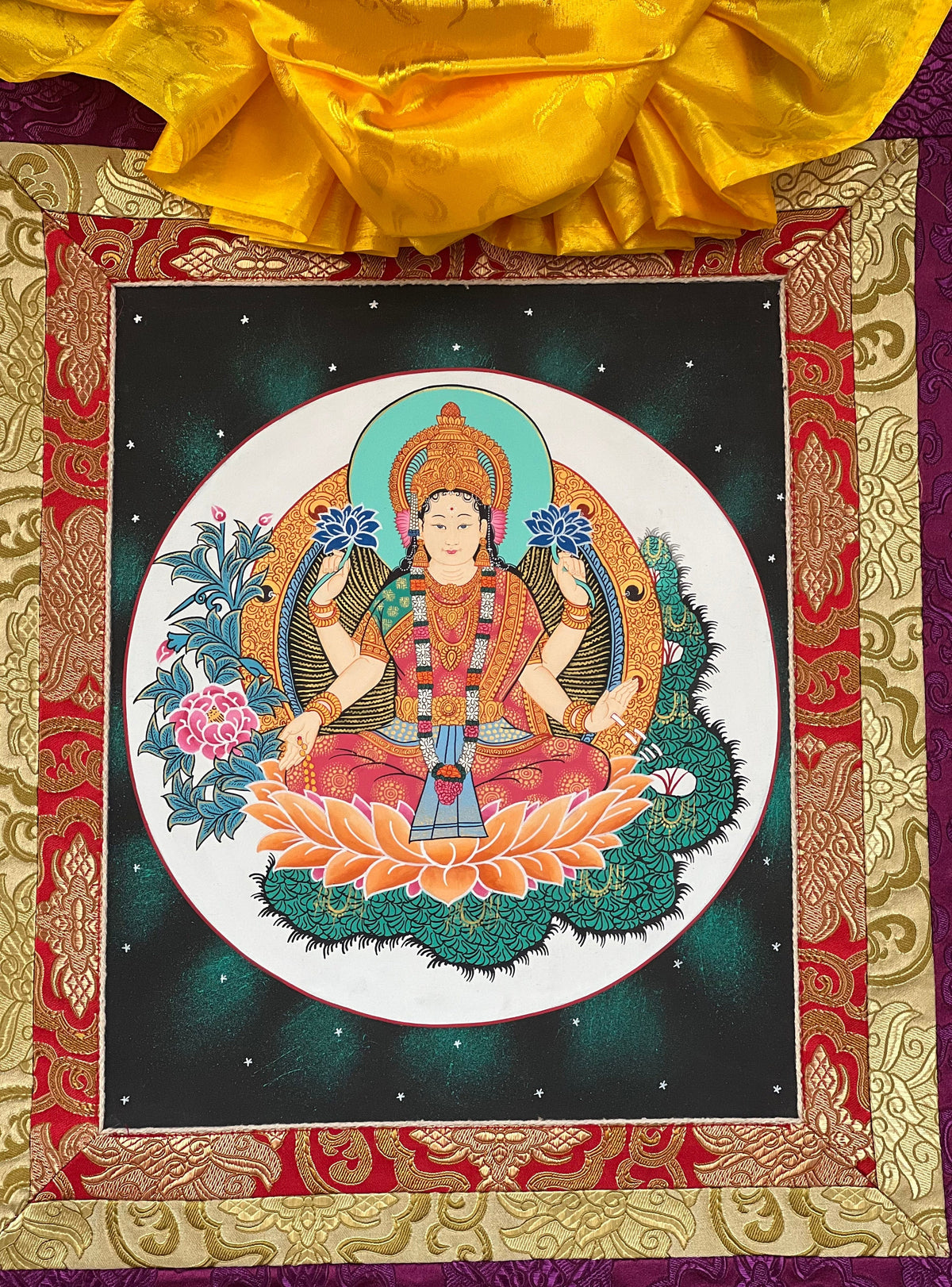 Goddess Laxmi Thangka Painting, Hindu Art with Silk Frame