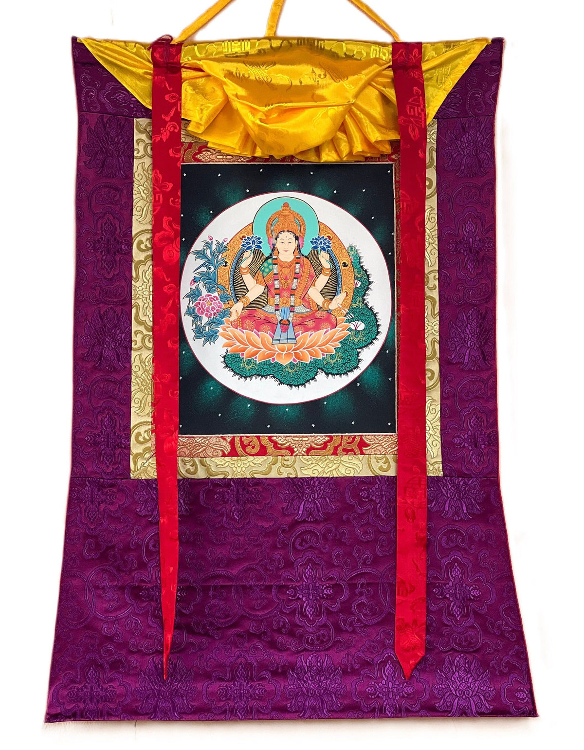 Goddess Laxmi Thangka Painting, Hindu Art with Silk Frame