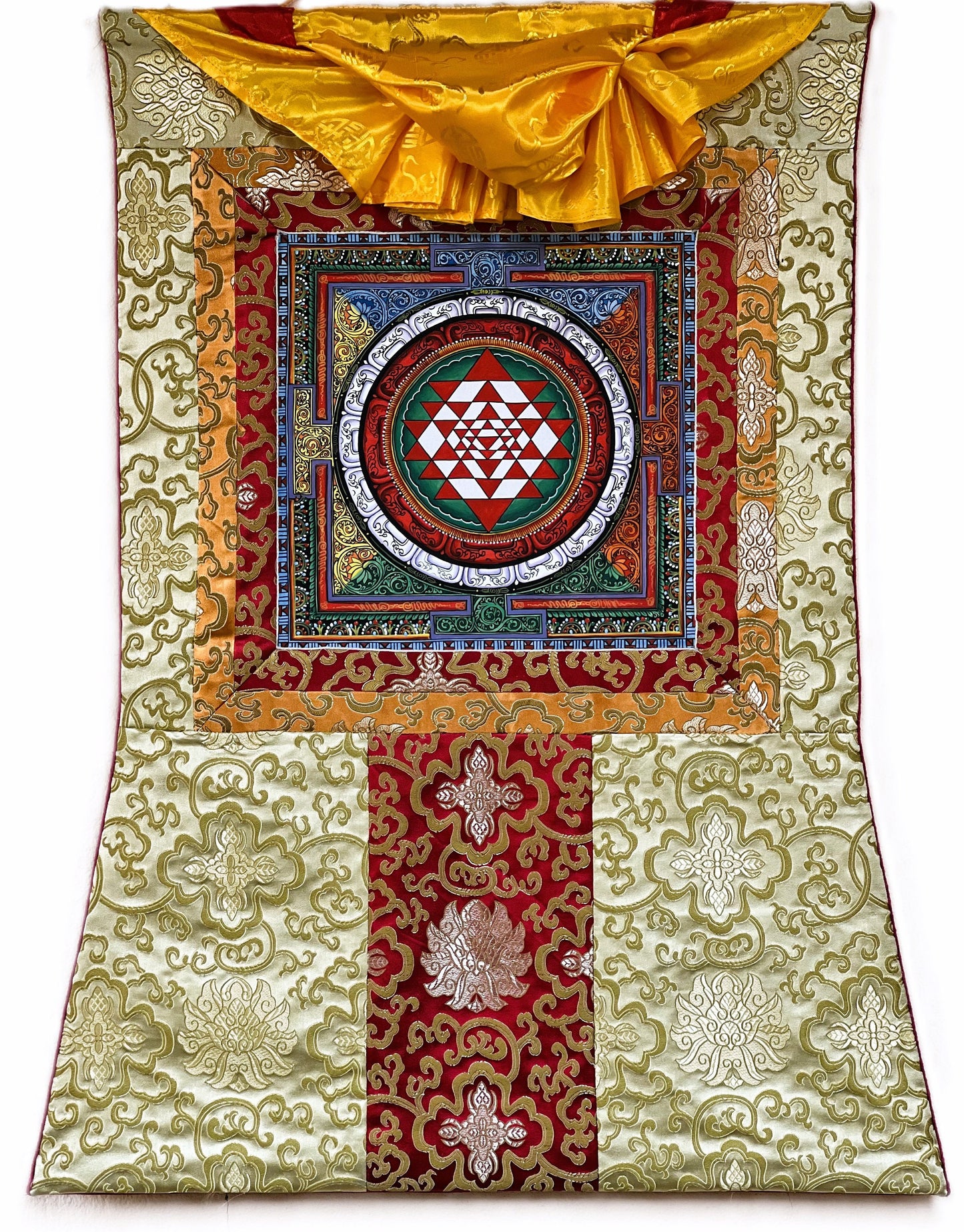Hand-painted Sri Yantra Thangka Painting with Silk Brocade