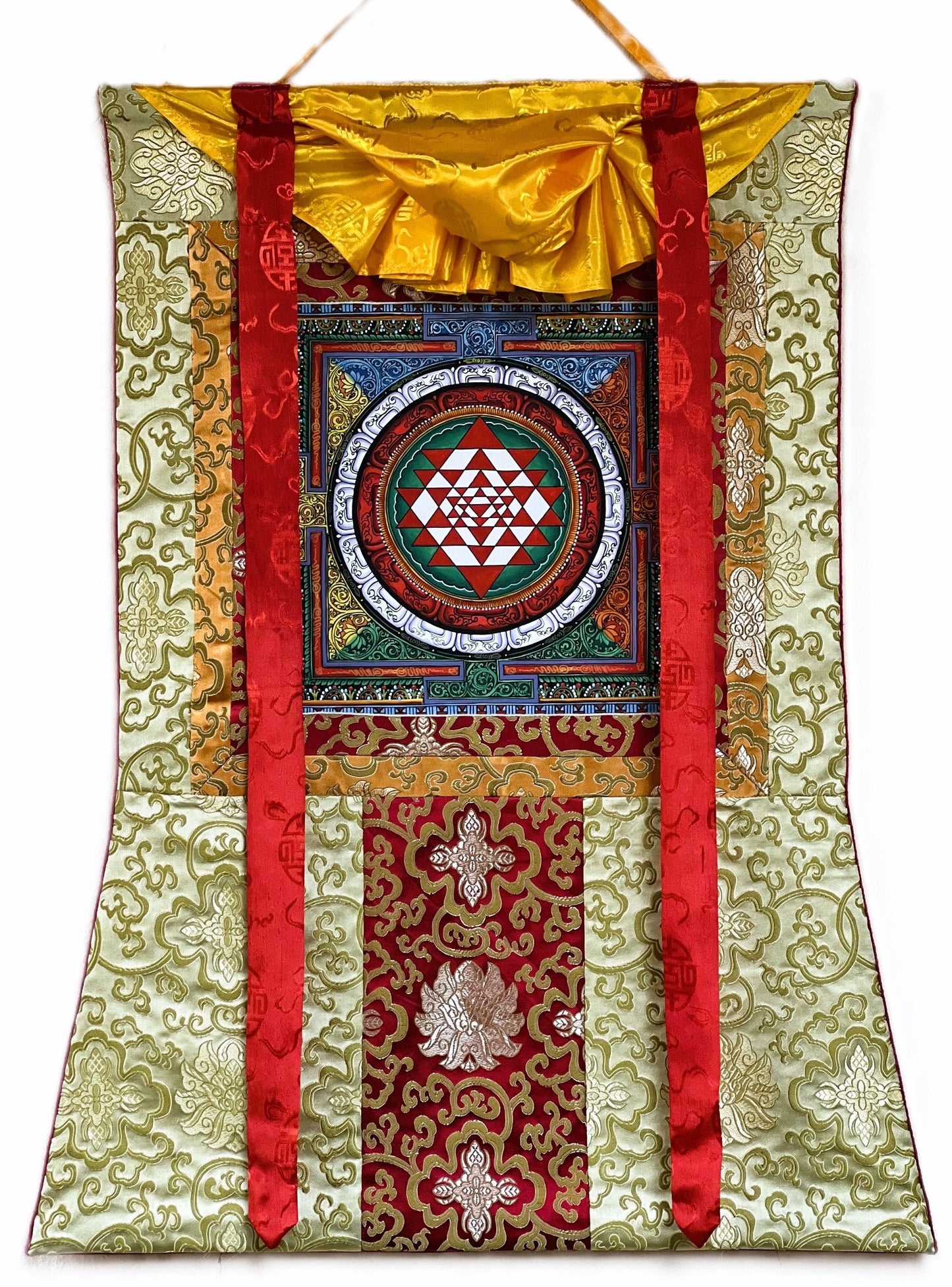 Hand-painted Sri Yantra Thangka Painting with Silk Brocade