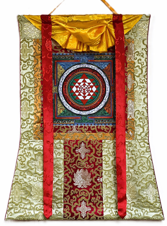 Hand-painted Sri Yantra Thangka Painting with Silk Brocade