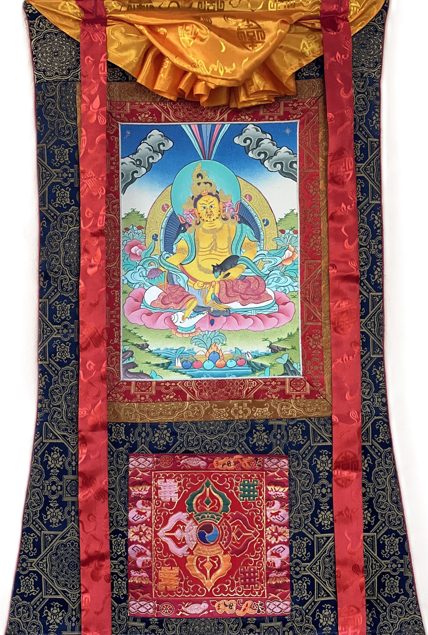 Hand-Painted Jambhala Thangka: Tibetan God of Wealth with Silk Brocade