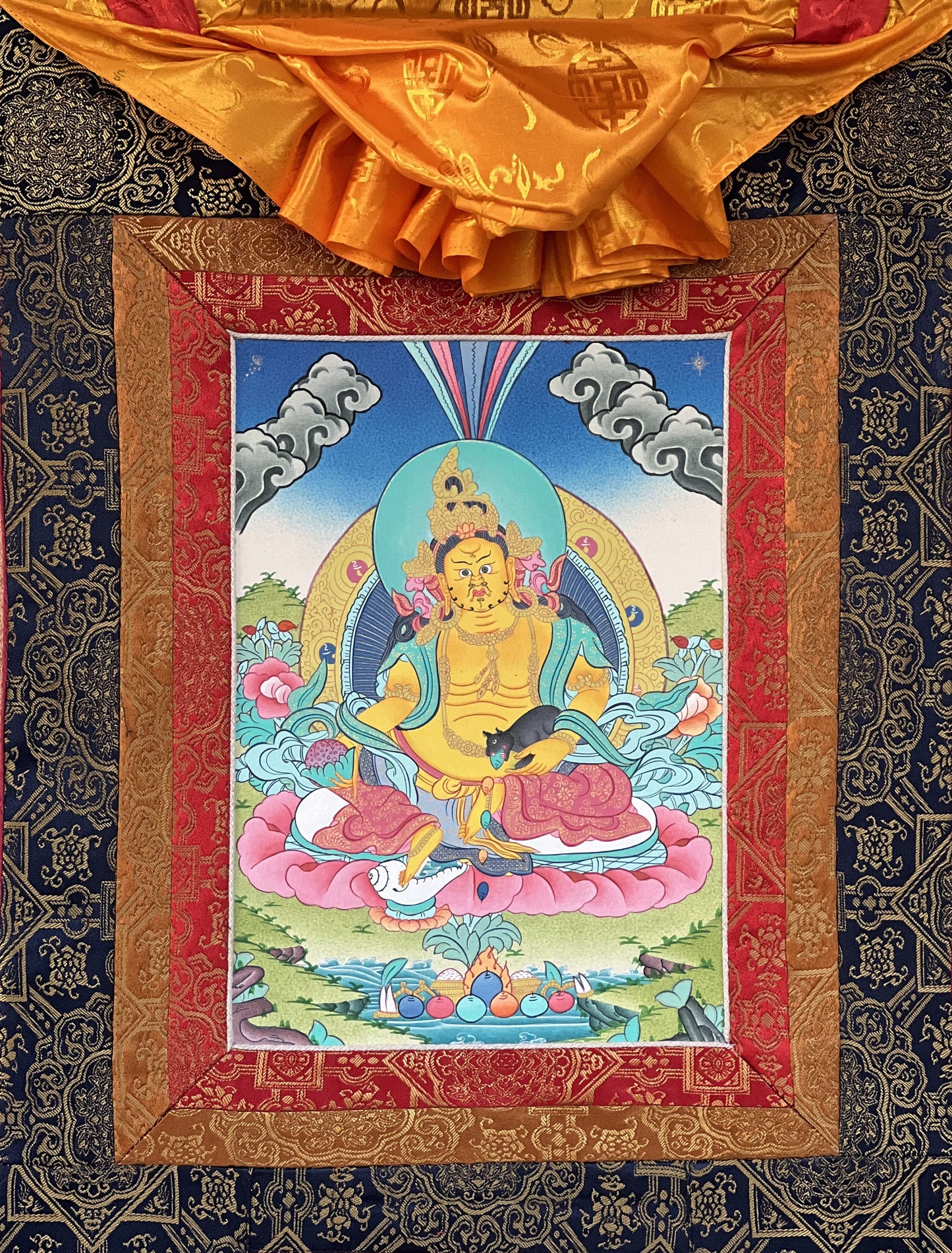 Hand-Painted Jambhala Thangka: Tibetan God of Wealth with Silk Brocade