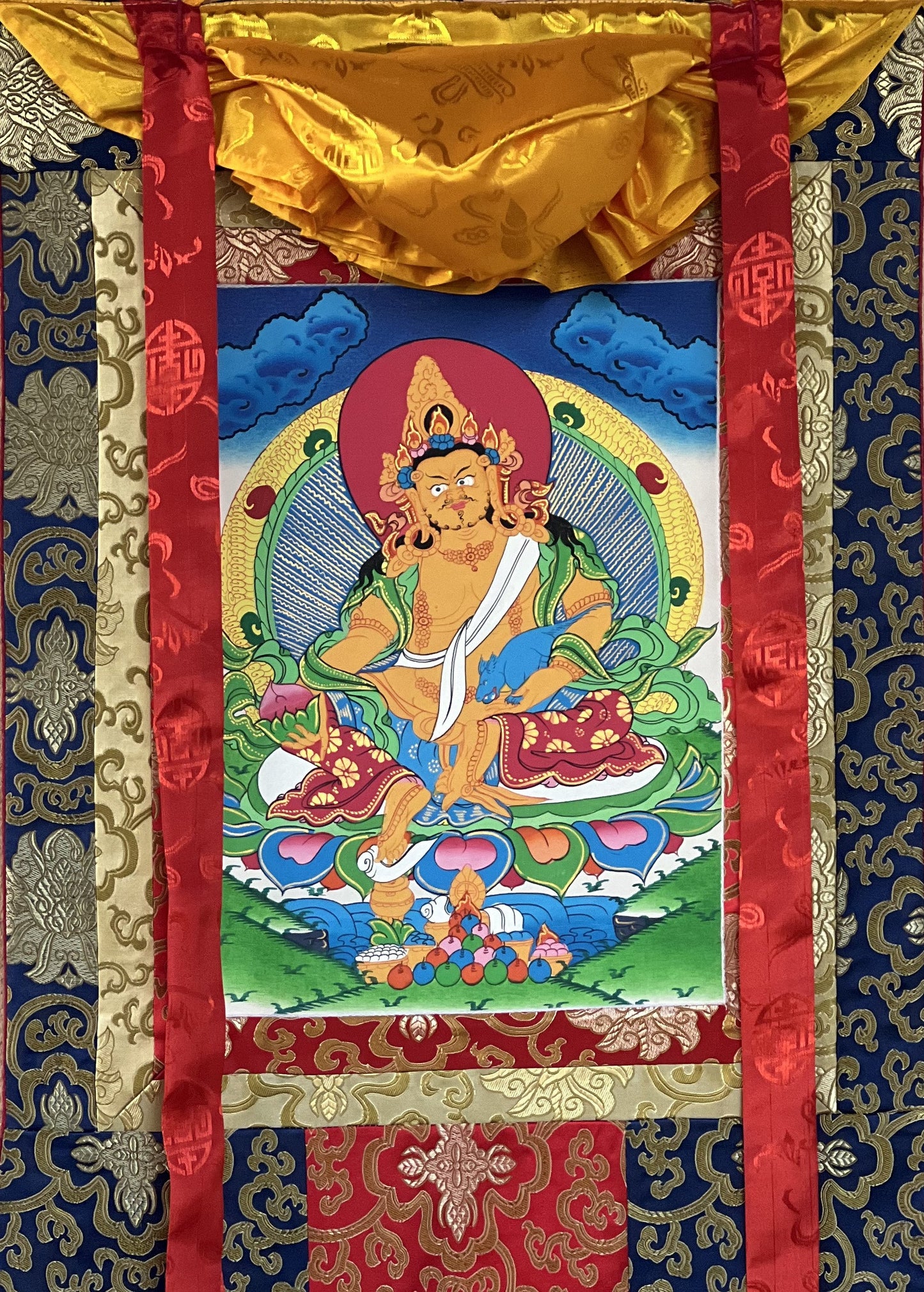 Hand Painted Jambhala Thangka Painting with Silk Brocade