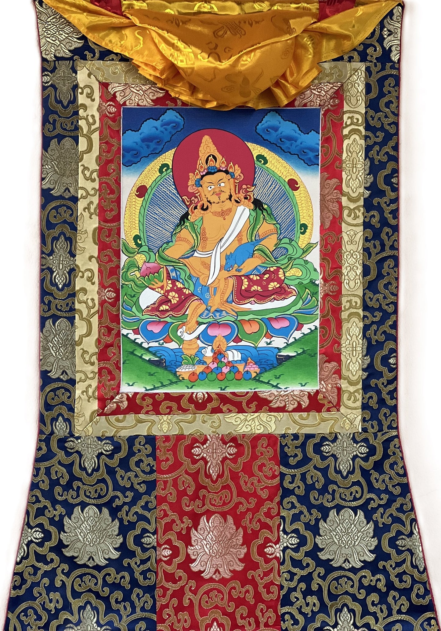 Hand Painted Jambhala Thangka Painting with Silk Brocade