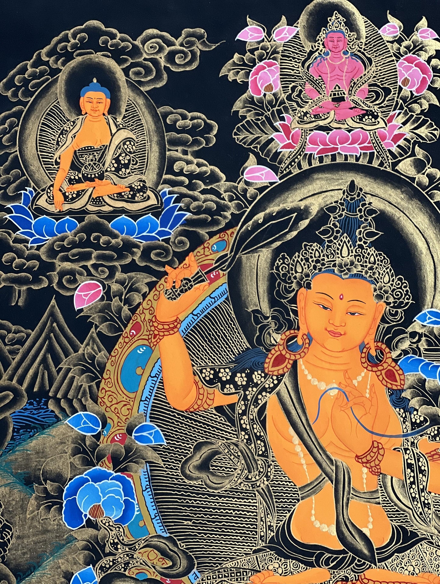 Hand-painted Manjushri Bodhisattva Thangka, Silk Brocade, Tibetan Art