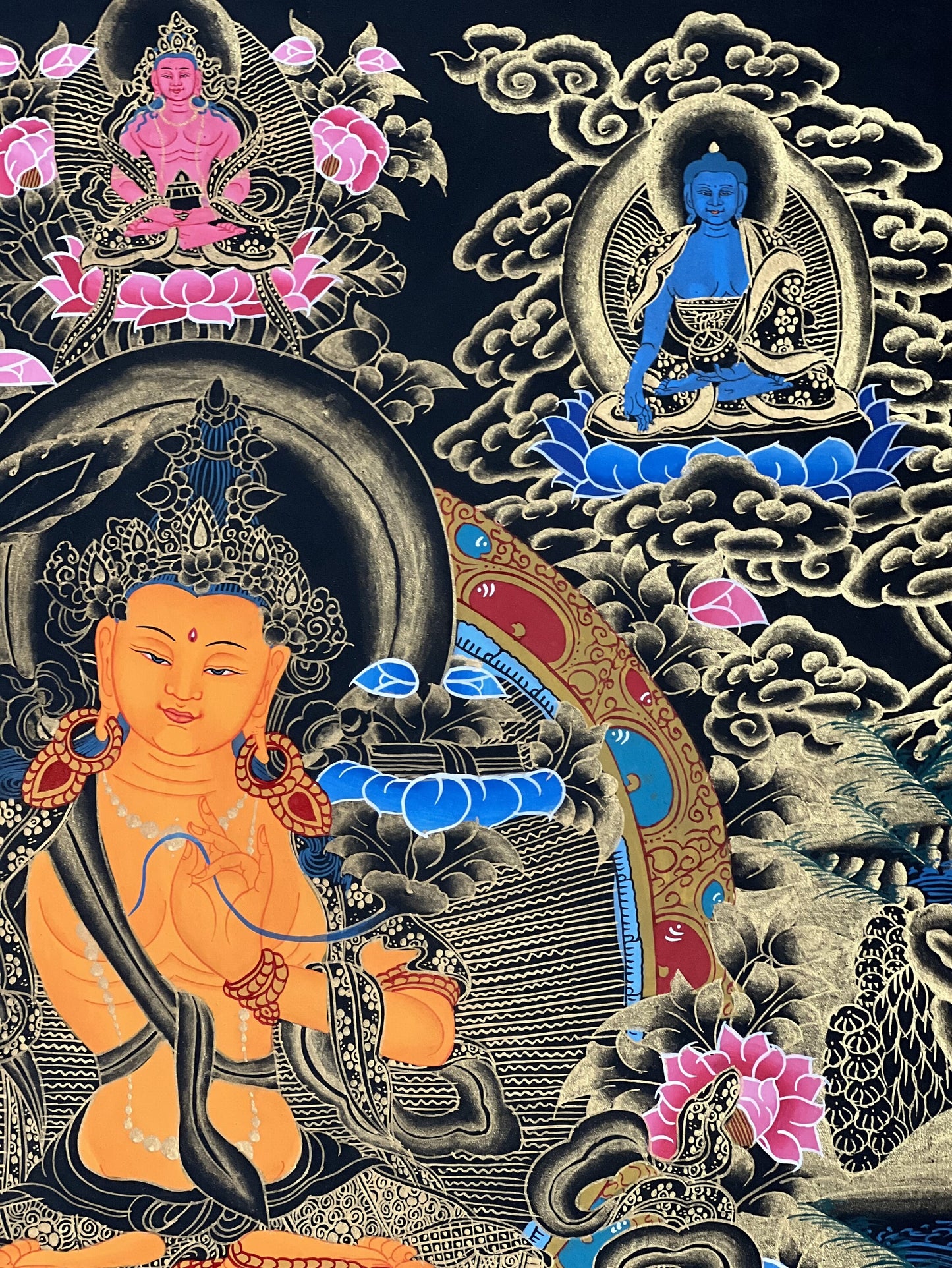 Hand-painted Manjushri Bodhisattva Thangka, Silk Brocade, Tibetan Art