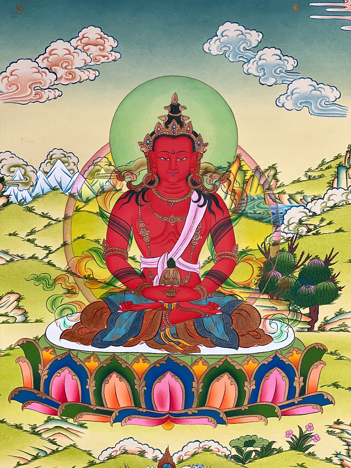 Amitayus Buddha Thangka Painting, Eternal Life Art from Nepal