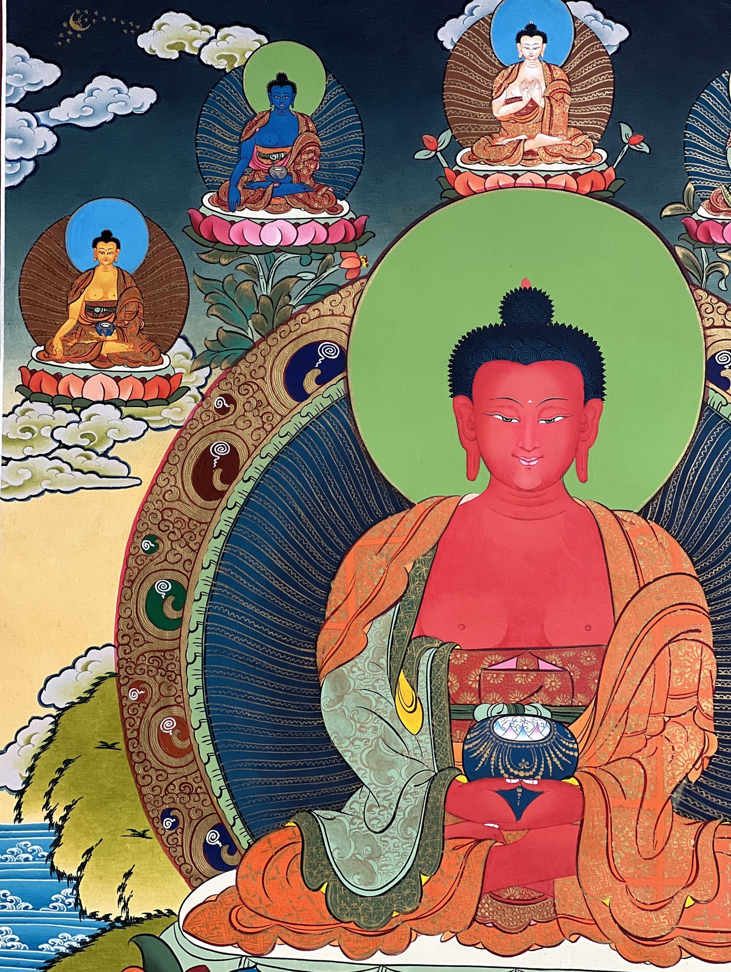 24K Gold Amitabha Buddha Thangka Painting: Five Wisdom Buddhas