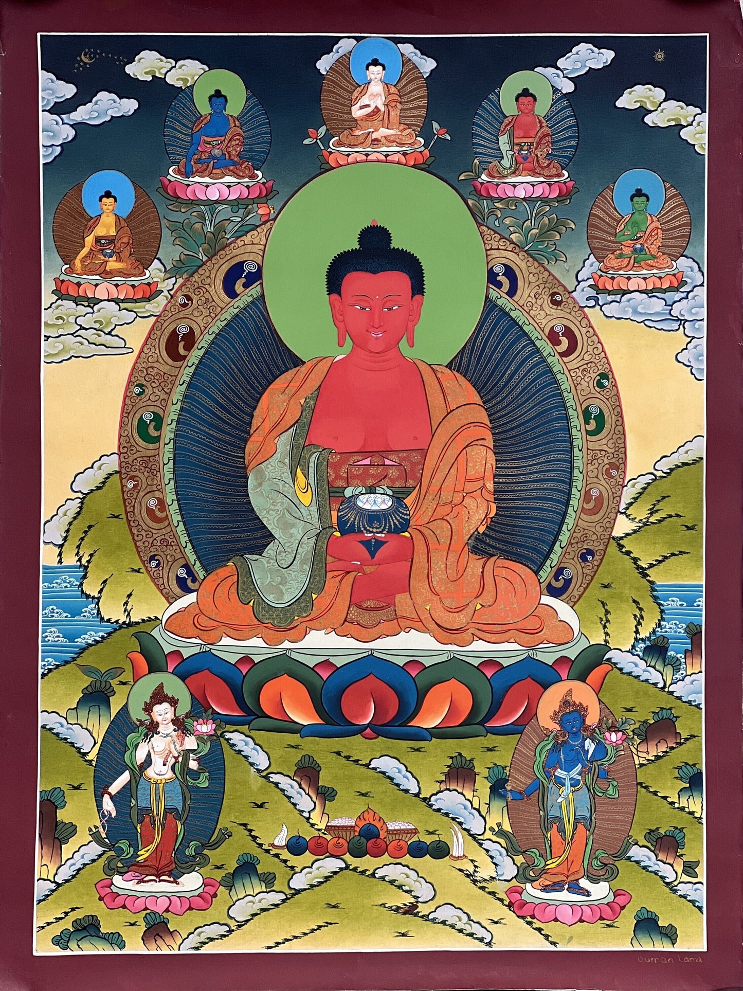 24K Gold Amitabha Buddha Thangka Painting: Five Wisdom Buddhas