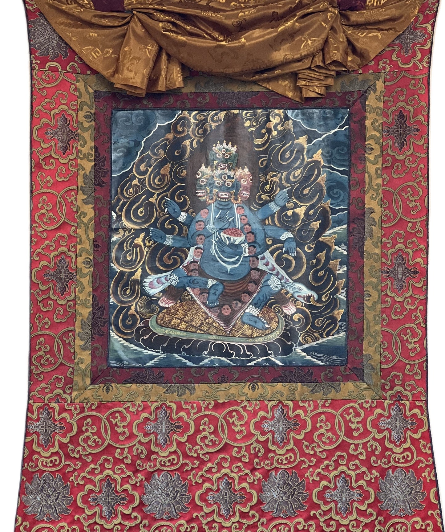 Hand-Painted Bhairava Thanka Painting, Newari Art with Silk Brocade