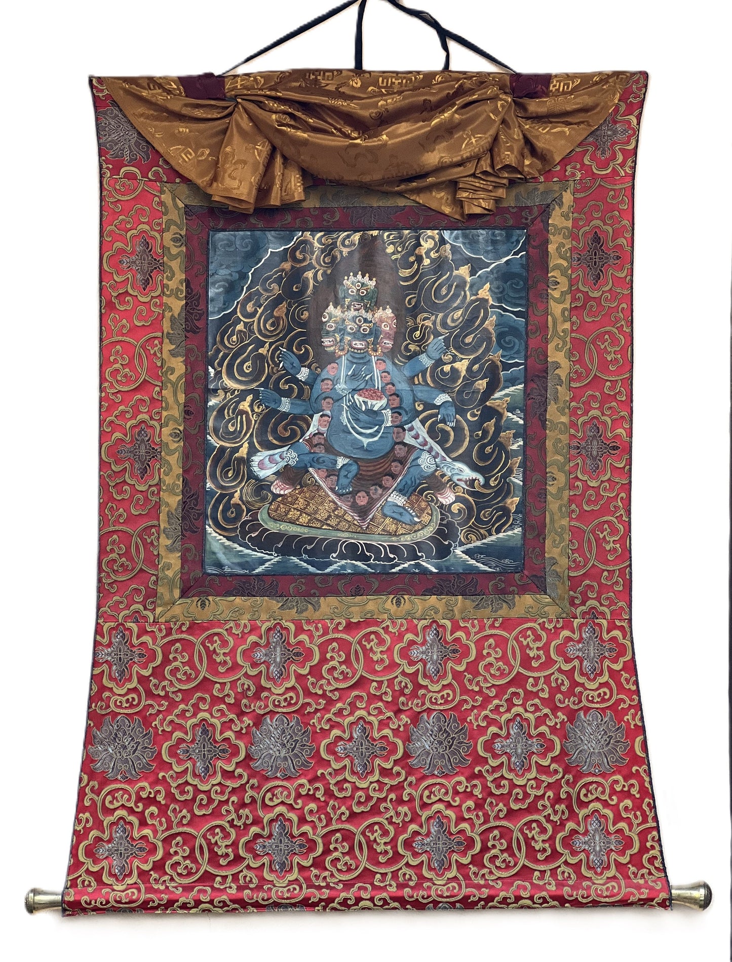 Hand-Painted Bhairava Thanka Painting, Newari Art with Silk Brocade