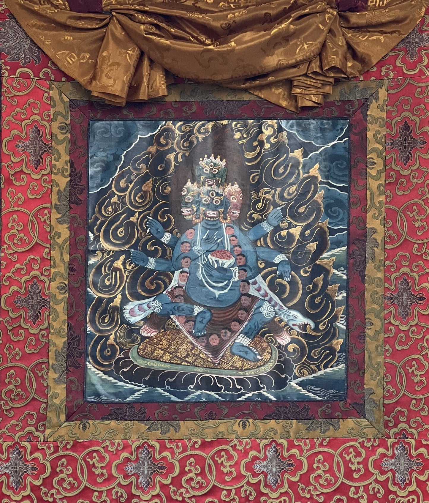 Hand-Painted Bhairava Thanka Painting, Newari Art with Silk Brocade