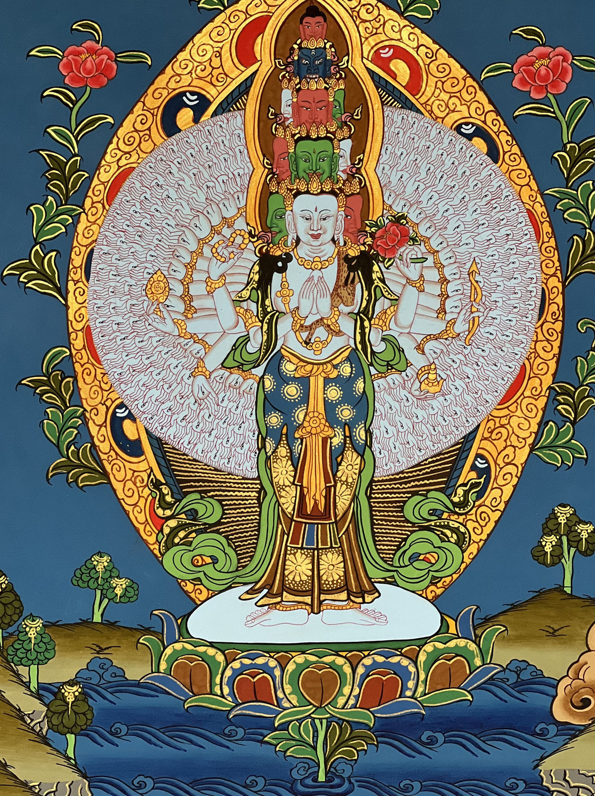 1000 Armed Avalokiteshvara Thangka with Silk Brocade | Sahasrabhuja Chenrezig Buddhist Compassion Art | Hand Painted Nepal