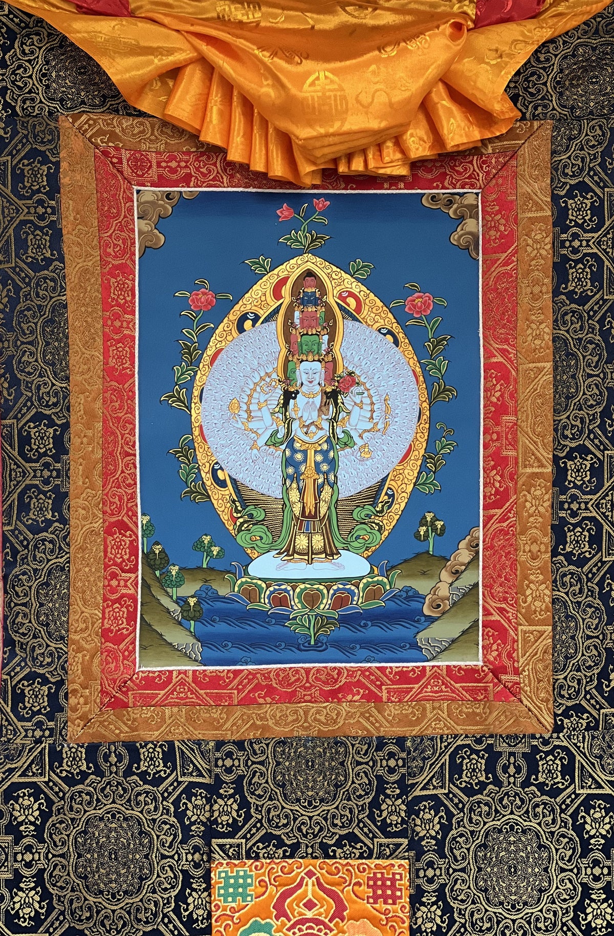 1000 Armed Avalokiteshvara Thangka with Silk Brocade | Sahasrabhuja Chenrezig Buddhist Compassion Art | Hand Painted Nepal