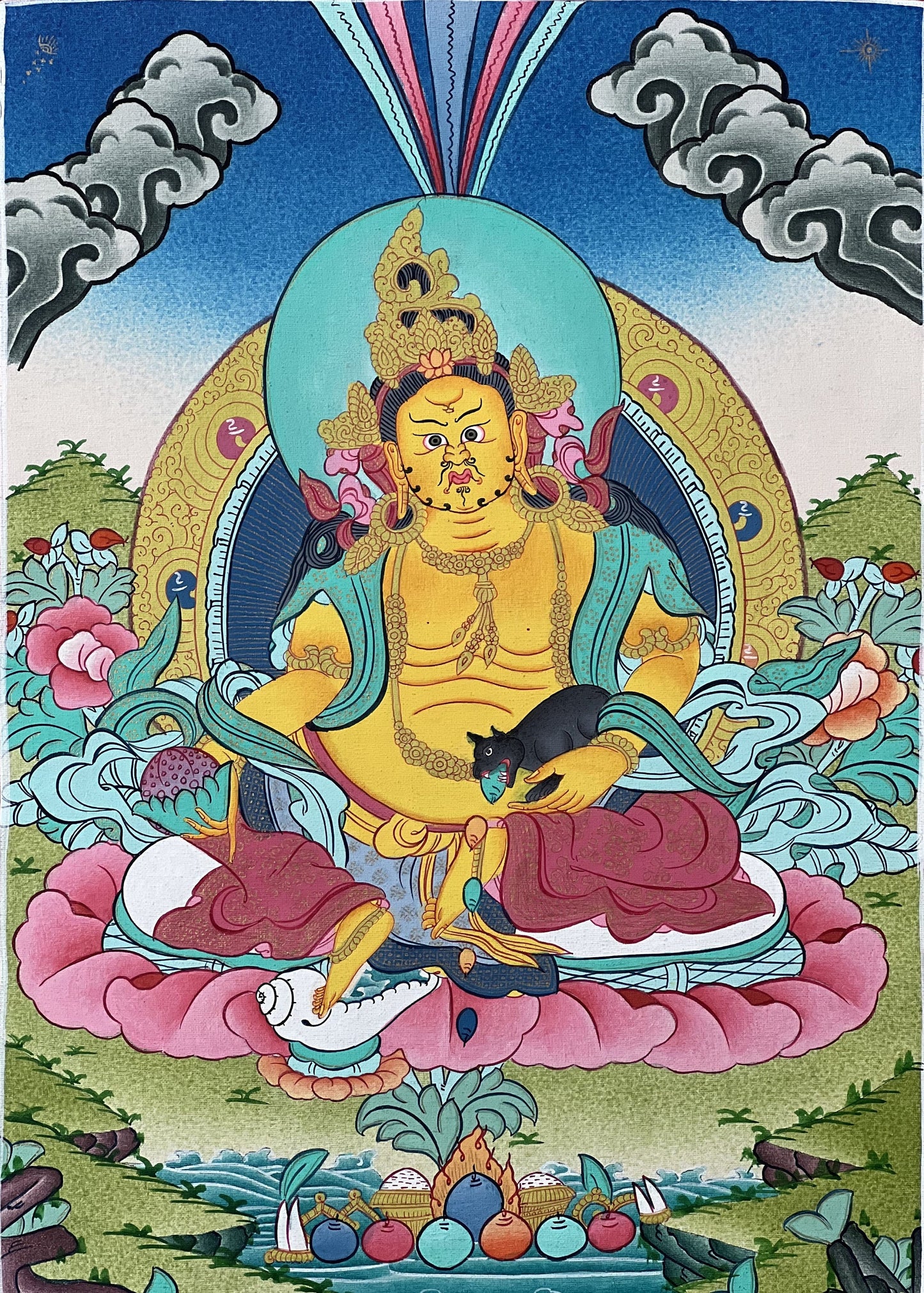 Hand Painted Jambhala Thangka: God of Wealth Painting