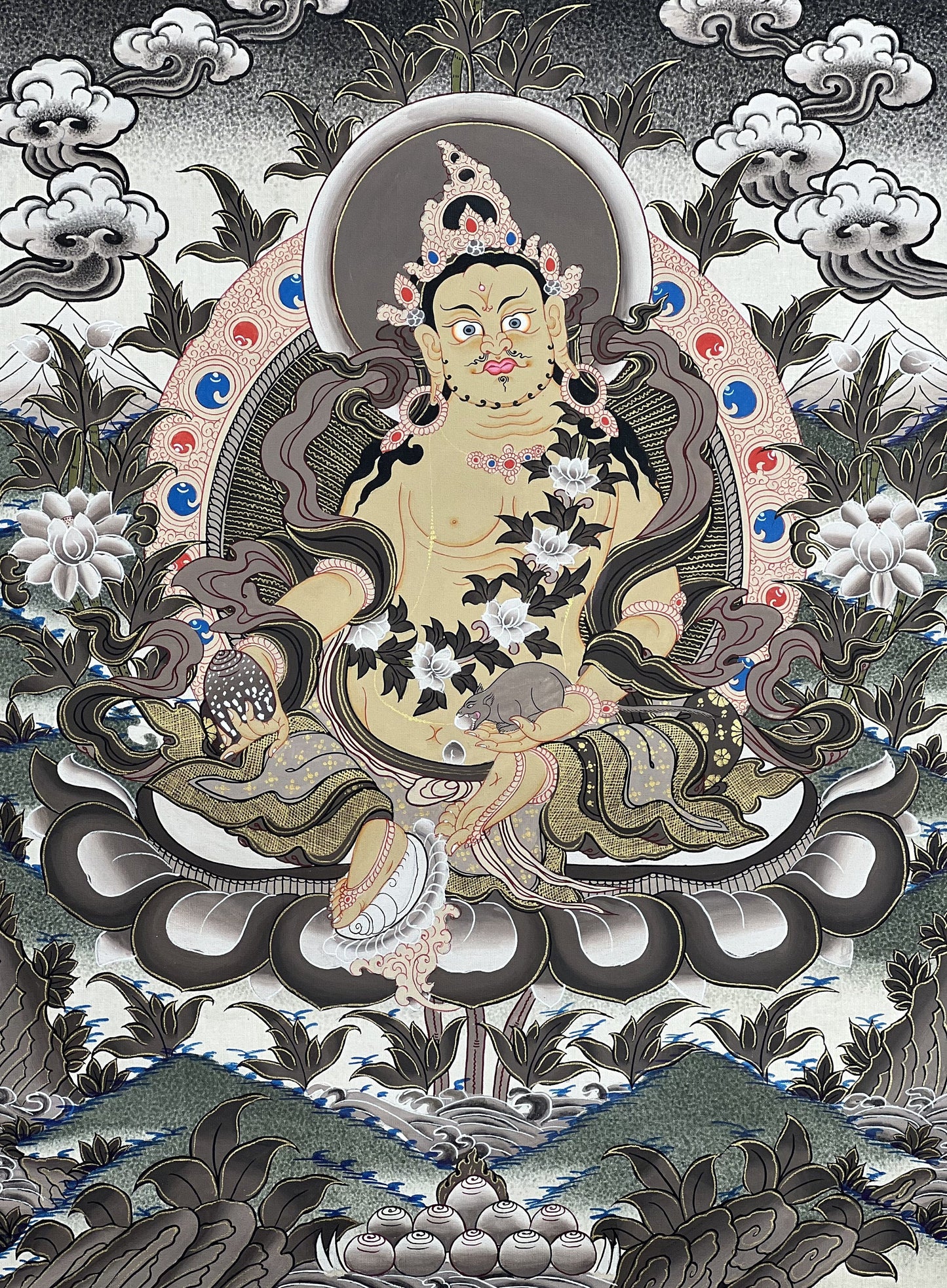 Hand-Painted Yellow Dzambhala Thangka: Tibetan God of Wealth, 18x22 Inches
