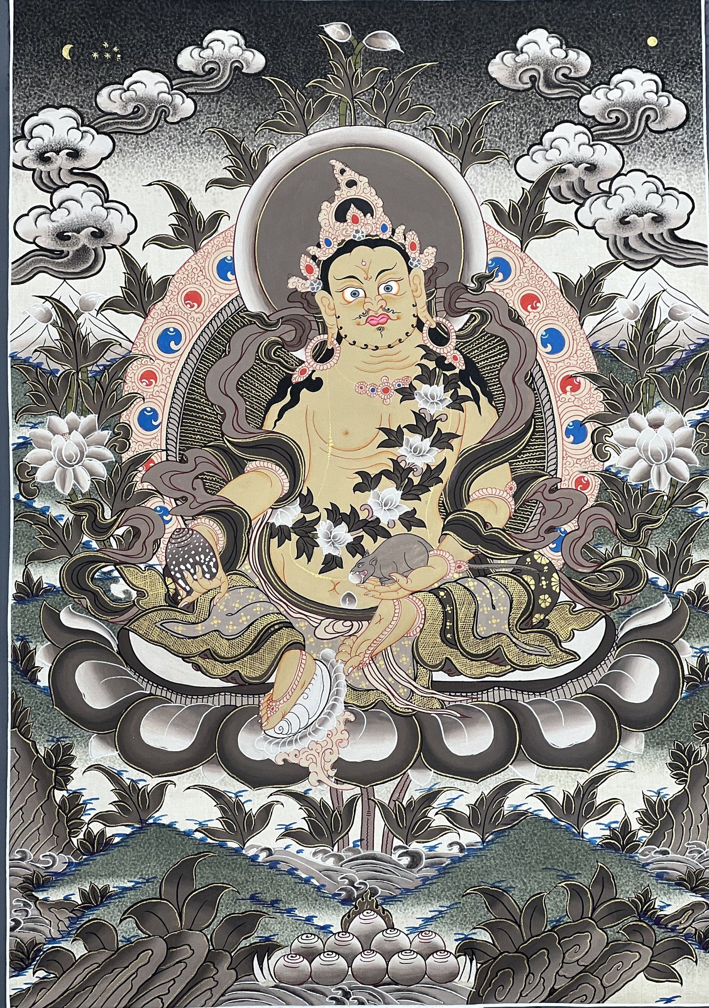 Hand-Painted Yellow Dzambhala Thangka: Tibetan God of Wealth, 18x22 Inches
