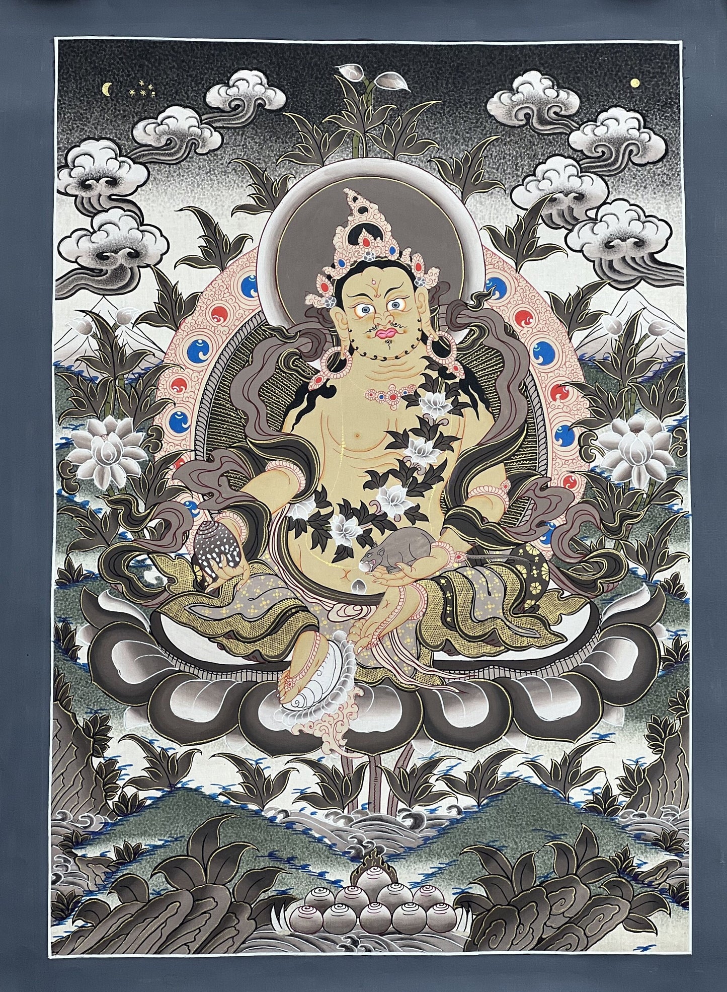 Hand-Painted Yellow Dzambhala Thangka: Tibetan God of Wealth, 18x22 Inches