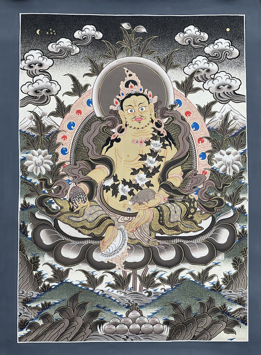 Hand-Painted Yellow Dzambhala Thangka: Tibetan God of Wealth, 18x22 Inches