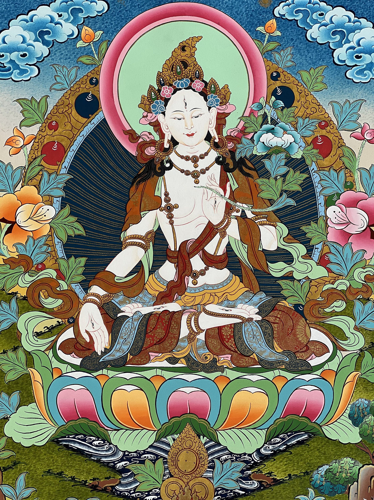 White Tara Thangka Painting | Hand Painted Tibetan Goddess of Compassion Buddhist Art
