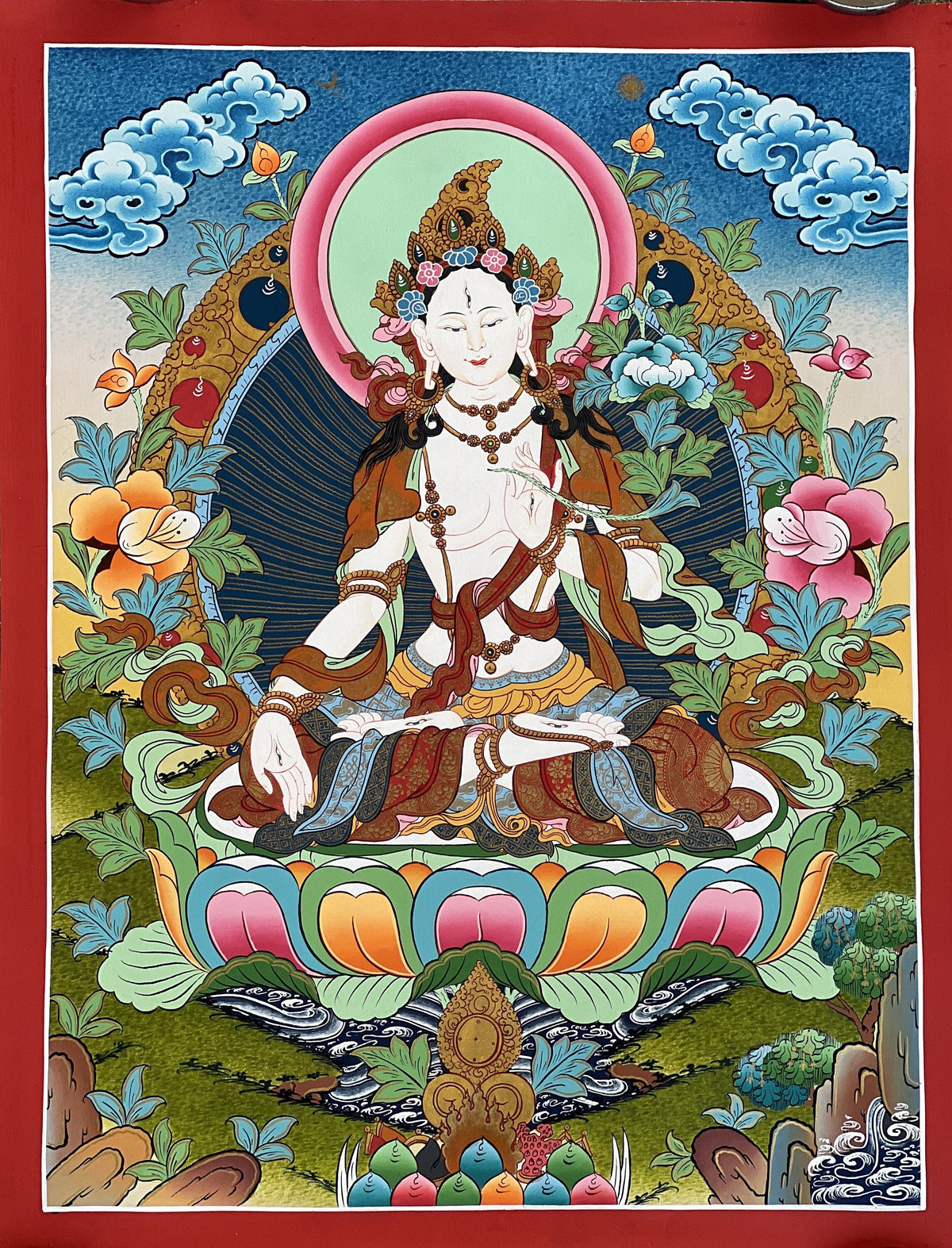 White Tara Thangka Painting | Hand Painted Tibetan Goddess of Compassion Buddhist Art