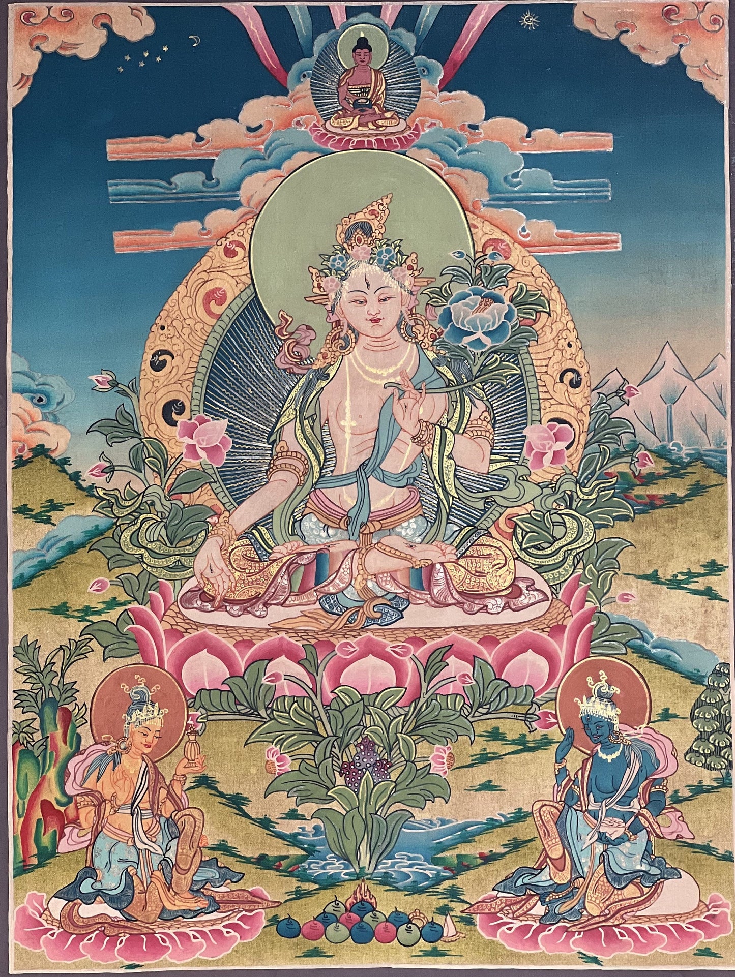 Original Hand-painted White Tara Mother Goddess Semi-Antique Gold Tibetan Thangka Painting/Compassion Meditation Art